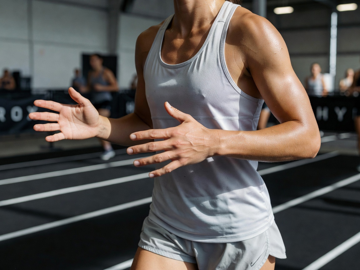 A natural, realistic editorial lifestyle photograph of a person participating in a HYROX functional fitness race event. Both hands are completely empty and naturally positioned, relaxed, clearly empty, not gripping or holding any invisible objects. Fingers are anatomically natural and fully visible. Natural human anatomy, realistic skin texture, subtle imperfections, realistic lighting and shadows. Authentic candid sports magazine photograph style, clean editorial background, not an AI illustration.